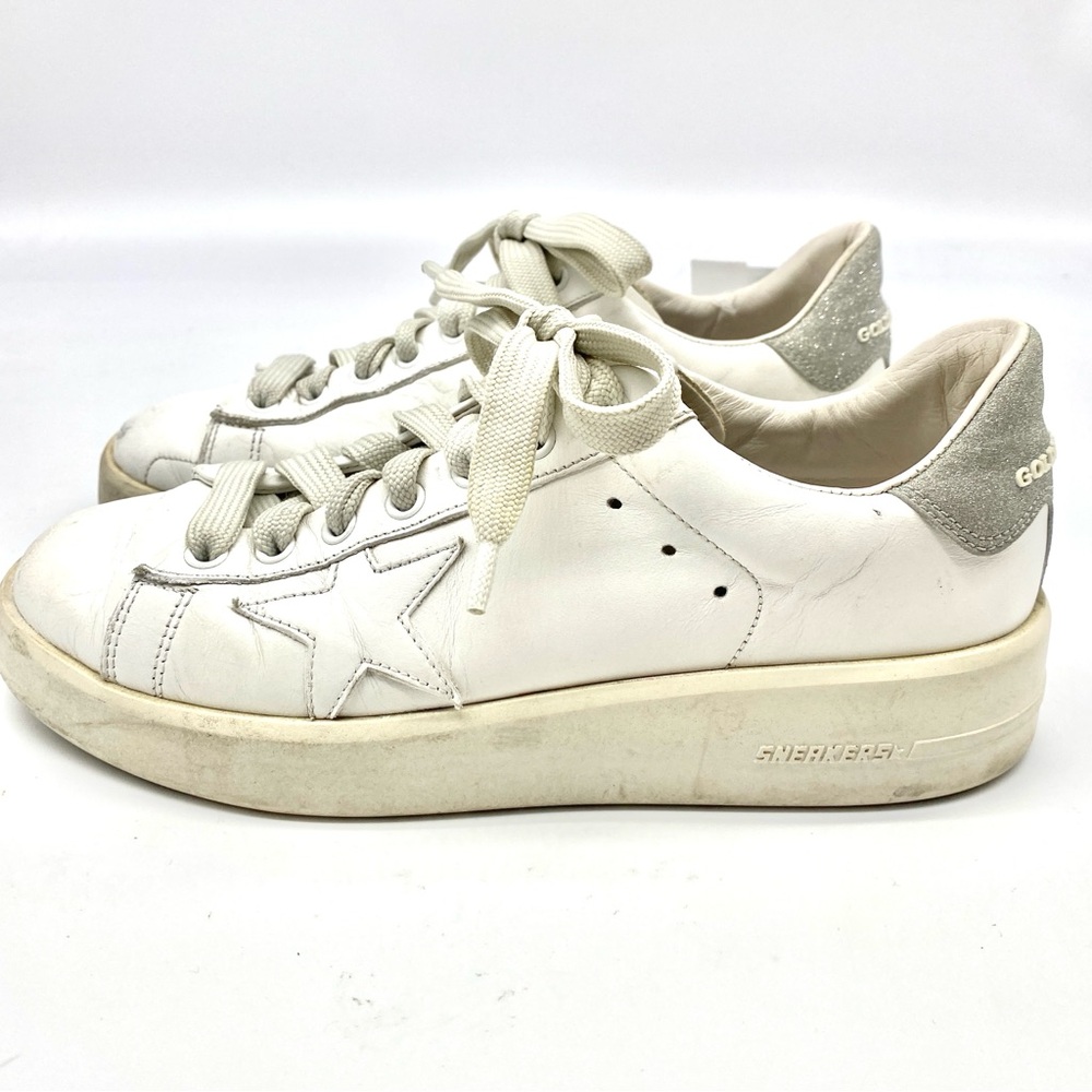 Golden Goose Women Purestar Sneaker Shoes White Silver Glitter Lace Up 37 / 6.5